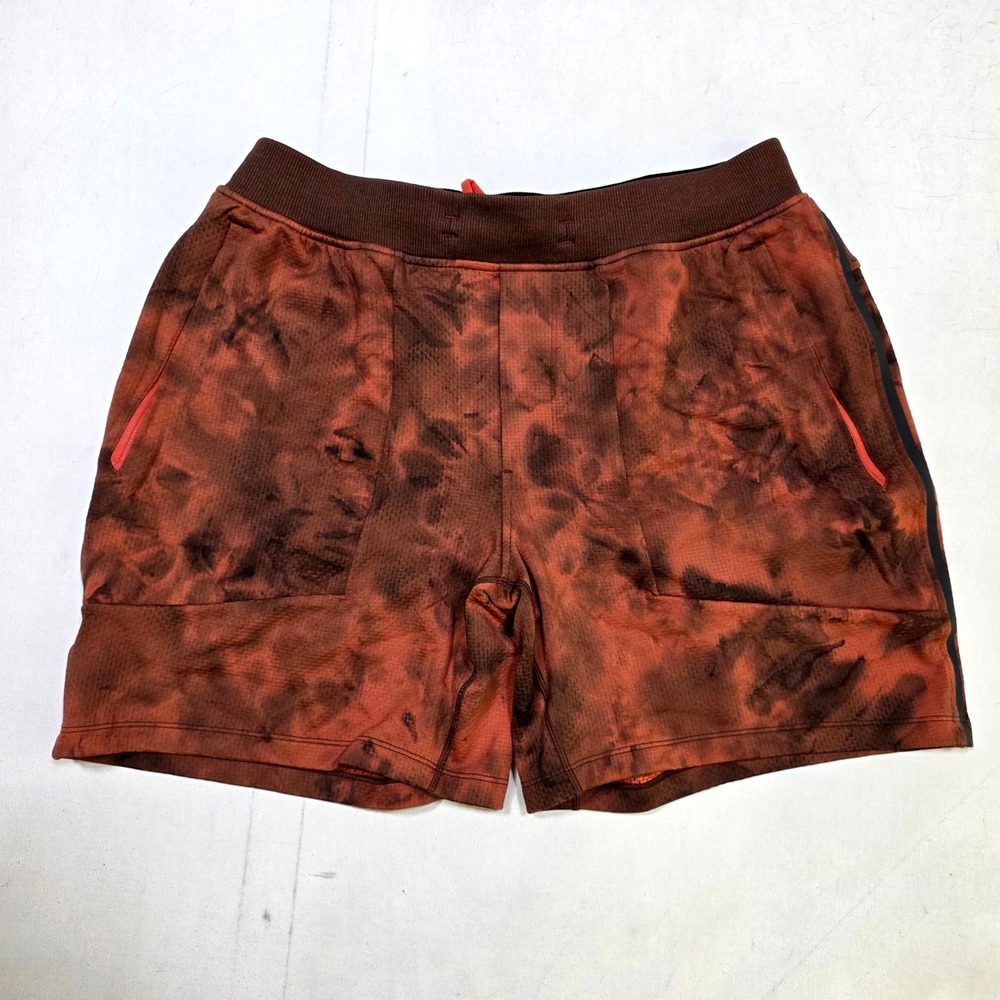 Lululemon Athletic Shorts Mens L Brown Orange Tie Dye Mesh Zipper Pockets Gym